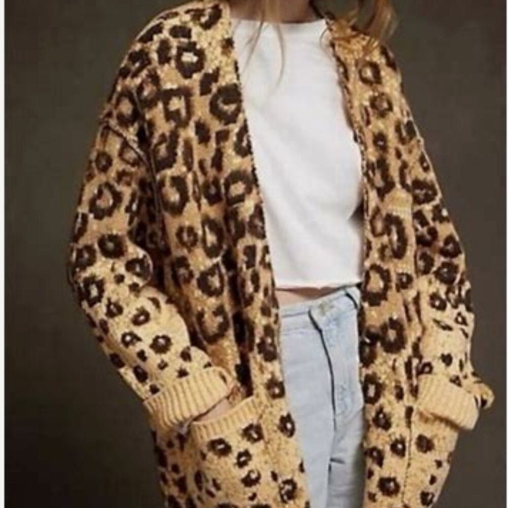 NWOT Free People CopperTag State Side Yellow Leopard Cardi Size Small *Oversized
